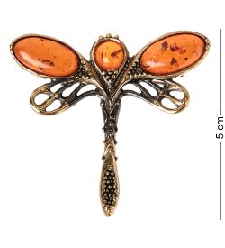 AM-1662 Брошь «Стрекоза Лето» (латунь, янтарь)