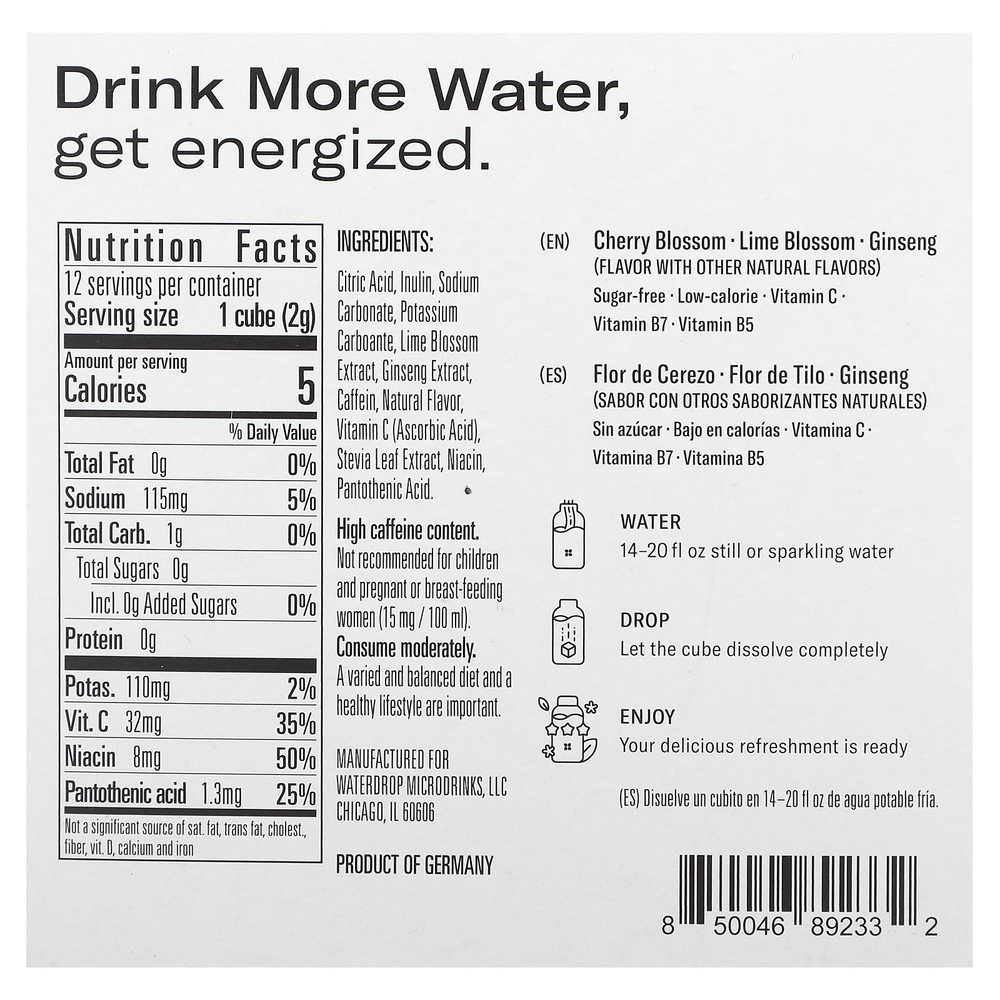 Waterdrop, Shiro MicroEnergy Hydration Cubes, лаймовый цвет и женьшень, 12 кубиков, 24 г (0,85 унции)
