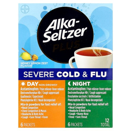 Alka-Seltzer Plus, От сильной простуды и гриппа, днем и ночью, с медом и цедрой лимона, 12 пакетиков