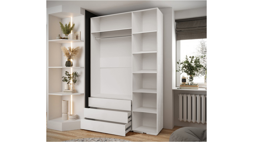 Распашной трехсекционный шкаф Мори - 6 (с 3 ящиками) Белый Снег 8685 BS  170*50*240