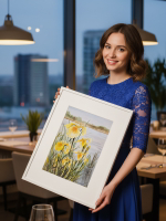 Картина авторская акварельная в паспарту 30х40 см на стену для интерьера "Прибрежные ирисы"