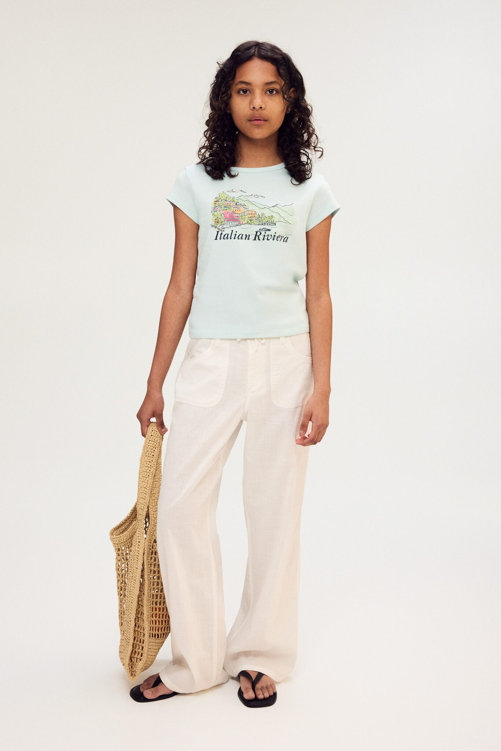 H&M Футболка из хлопка с принтом, светло-бирюзовый