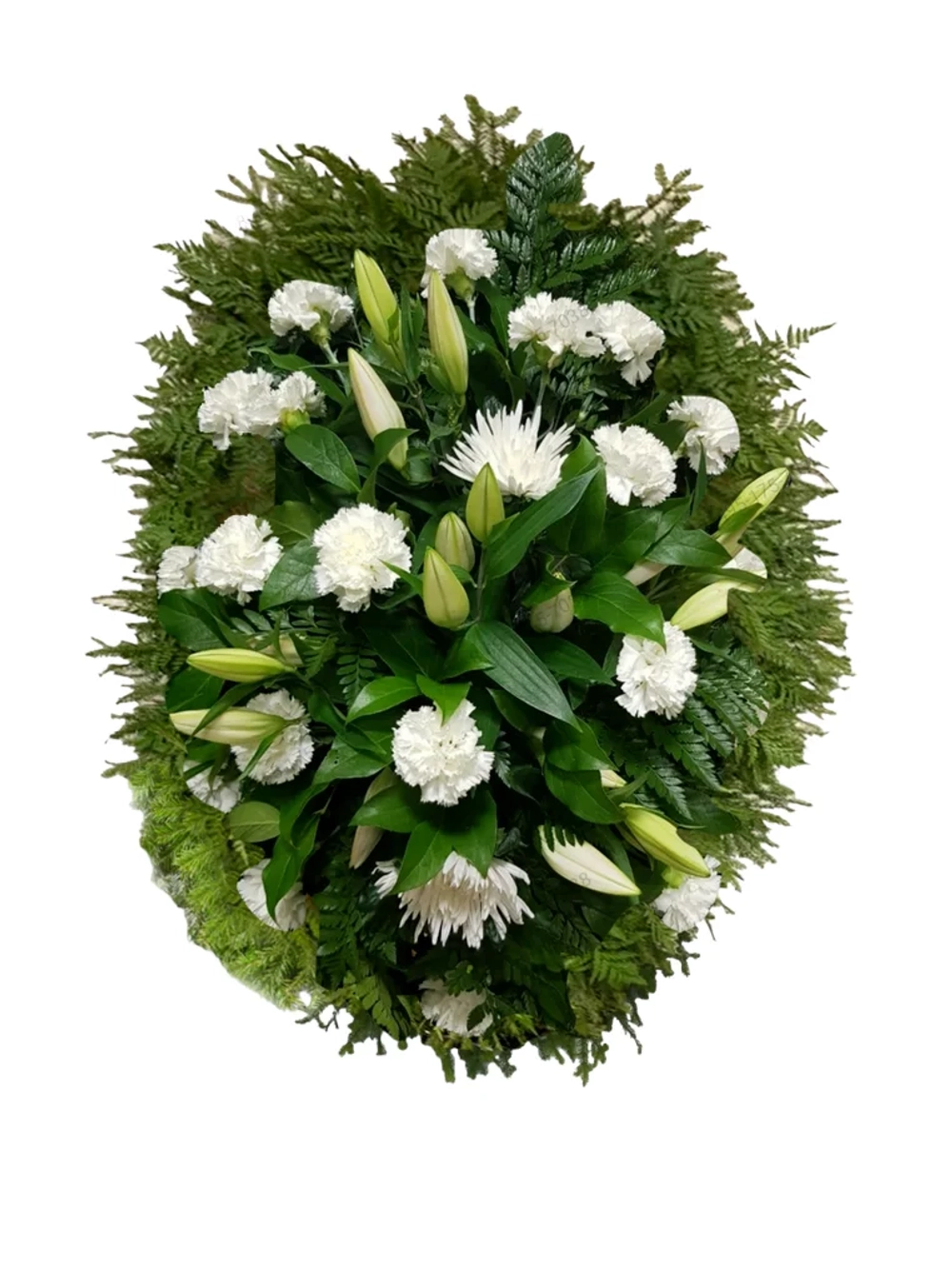 Траурный венок из живых гвоздик, лилий и хризантем (ВЖ-21) 100 см.