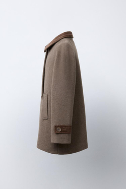 ZARA ПАЛЬТО ИЗ КОНТРАСТНОГО ВЕЛЬВЕТА С ШЕРСТЬЮ, СЕРОВАТО-КОРИЧНЕВЫЙ