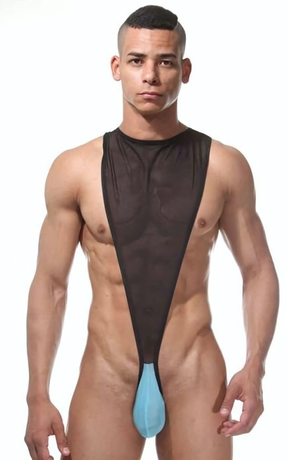 Мужское полупрозрачное боди с контрастной вставкой (Размер: S-M) (Цвет: черный с голубым)