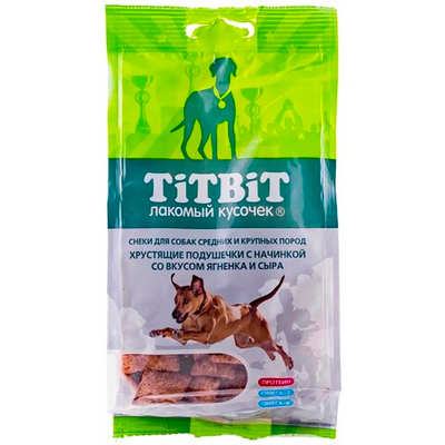 Лакомство "Хрустящие подушечки с начинкой со вкусом ягненка и сыра" 95 г - для собак крупных и средних пород (TiTBiT 12826)