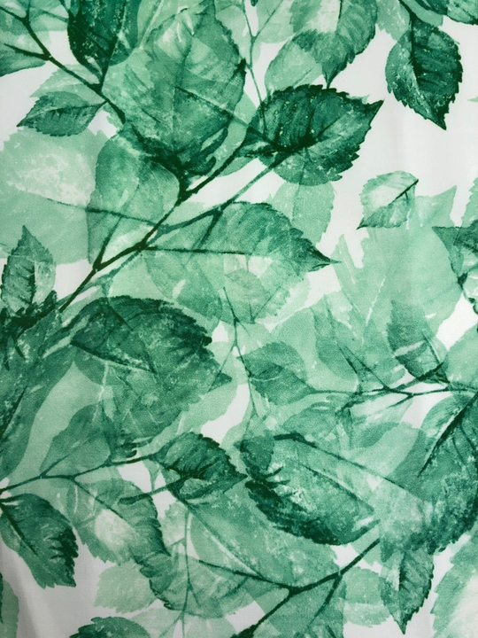 Атлас принт листья зеленые на белом, плотный, глянцевый NEW PARIS D6C1