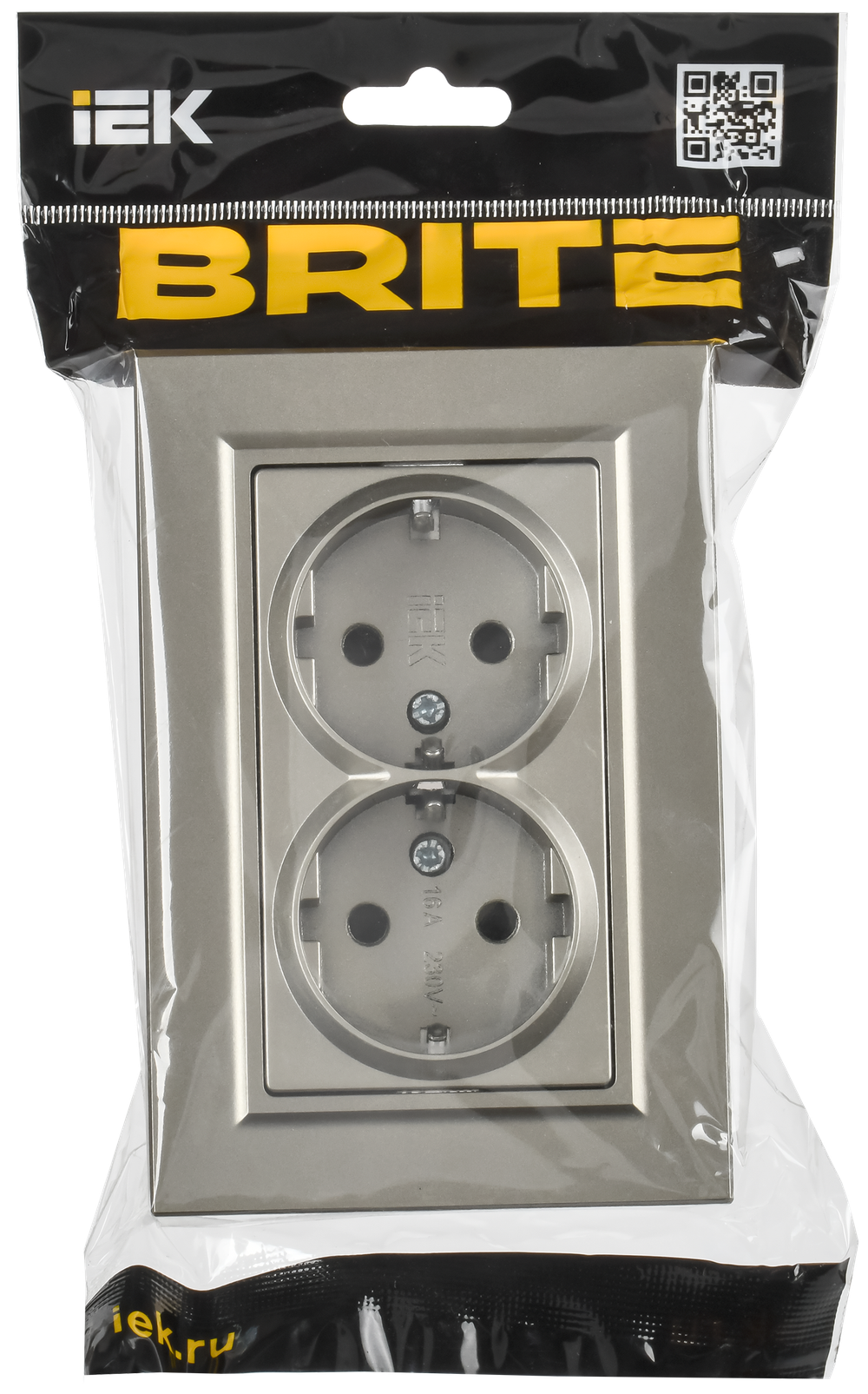 BRITE Розетка 2-местная с заземлением с защитными шторками плоская 16А в сборе РСшПл12-3-БрШ шампань IEK