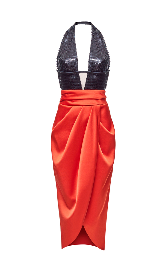 Платье миди из сатина и пайеток драпированное с вырезом