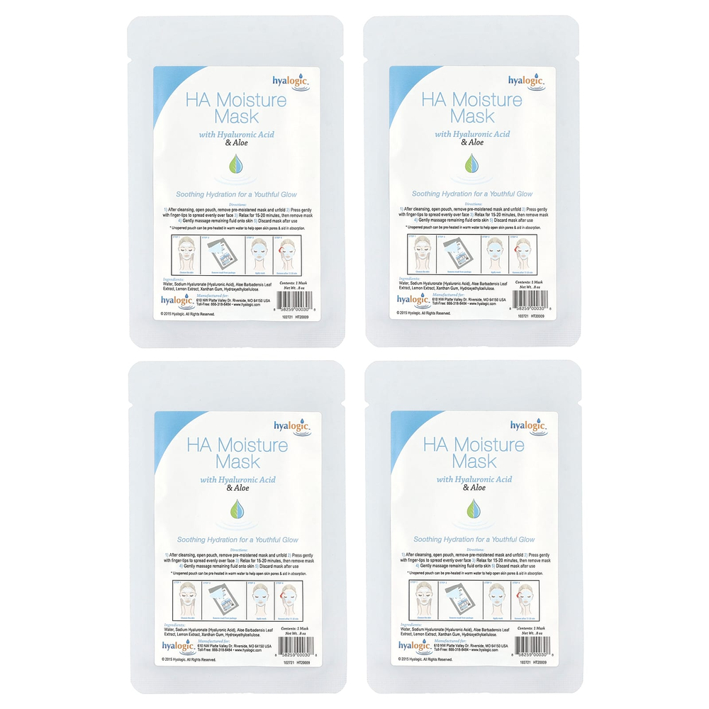 Hyalogic, увлажняющая маска для лица на гиалуроновой кислоте и алоэ, без отдушек, 4 шт. по 0,8 унции