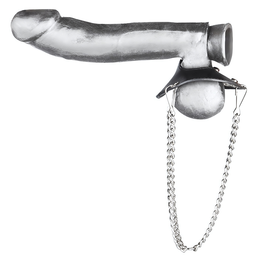 Утяжка для мошонки из искусственной кожи с цепочками PARACHUTE BALL STRETCHER (Цвет: черный с серебристым)