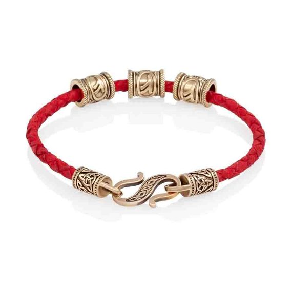 Браслет гайтан красный 3 мм с тремя рунами Феху Бронза, вид 2