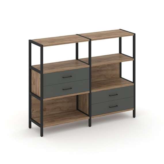 Shelf System Двухсекционный стеллаж трехярусный с ящиками SN.STM-323 Дуб Табак/Антрацит/Металл Черны