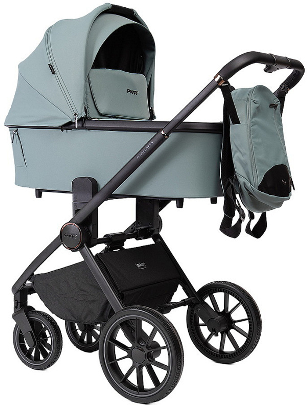 Детская коляска Peppy Monaco 3 в 1 с автокреслом Rise Mint (мятный), рама черная