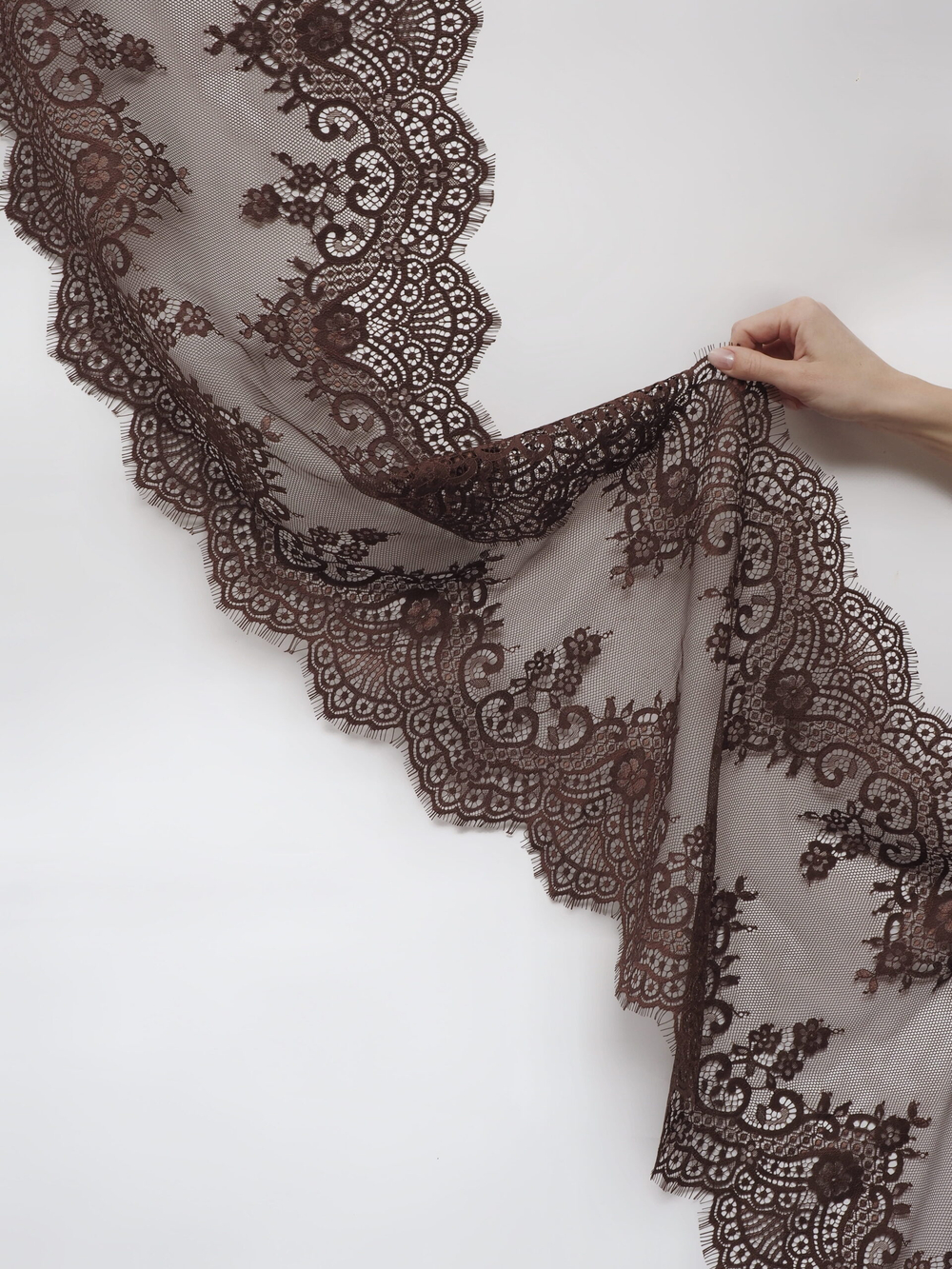 Кружево шантильи для белья шоколад широкое неэластичное ширина 36 см купон 2.9 м