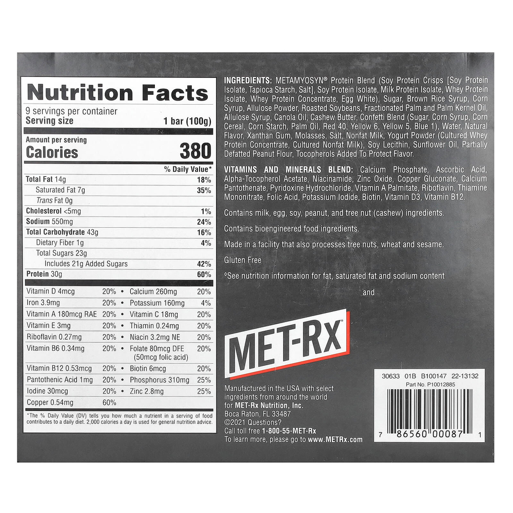 MET-Rx, Big 100, батончик, заменяющий прием пищи, со вкусом фруктовых хлопьев, 9 батончиков по 100 г (3,52 унции)