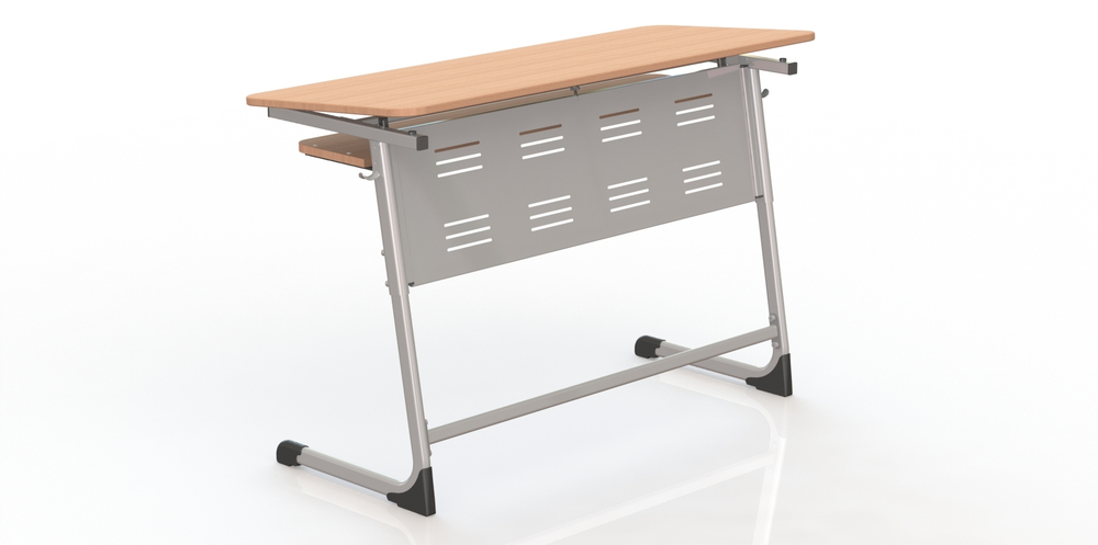 Парта двухместная Mega Smart Perfo с перфорированным экраном, полкой и углом наклона столешницы
