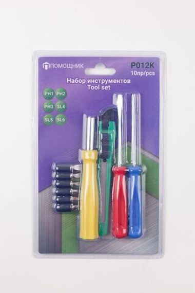 Набор инструментов 10 пр.(биты:PH1,2,3 SL 4,5,6мм, отвертка-битодержатель 120мм, отвертки: PH1х75мм,SL 4х72мм,нож канцелярский),в блистере Forsage##Помощник P012K