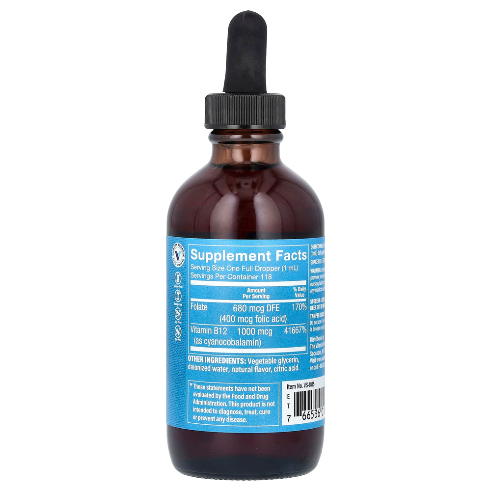 The Vitamin Shoppe, витамин B12 с фолиевой кислотой, малина, 118 мл (4 жидк. унции)