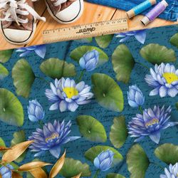 Ткань саржа голубые кувшинки на бирюзовом фоне с надписями