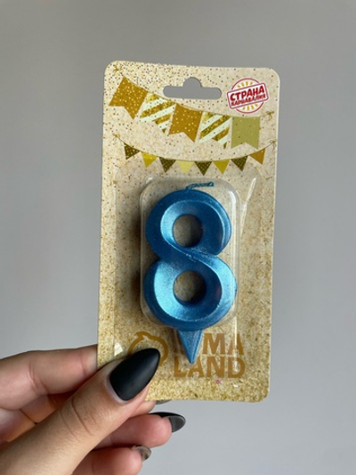 Свеча в торт "Грань", цифра "8", голубой металлик, 7.8 см