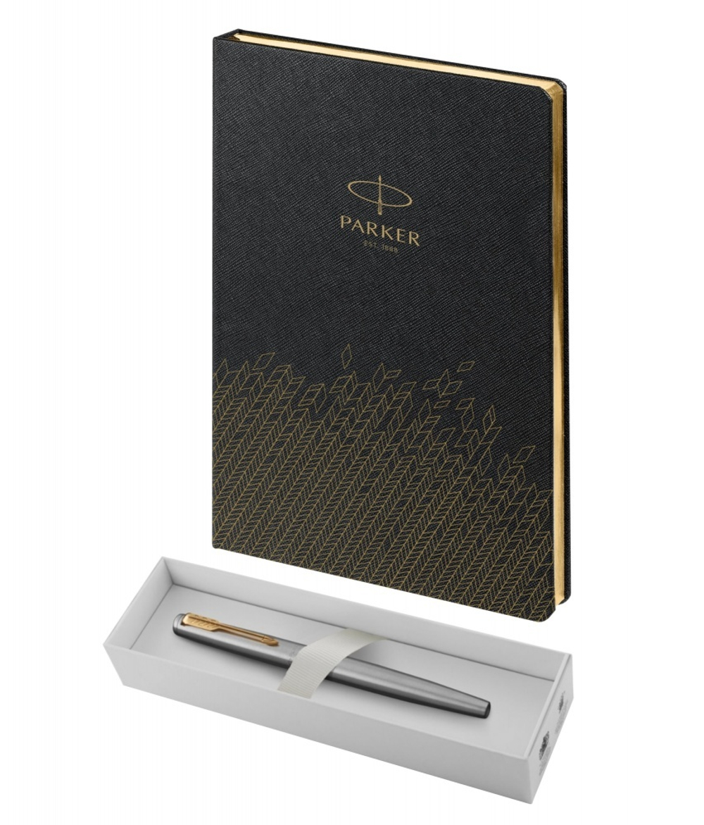 Подарочный набор: Ручка перьевая Parker Jotter Stainless Steel GT, Mblue и Ежедневник  недатированный, чёрный
