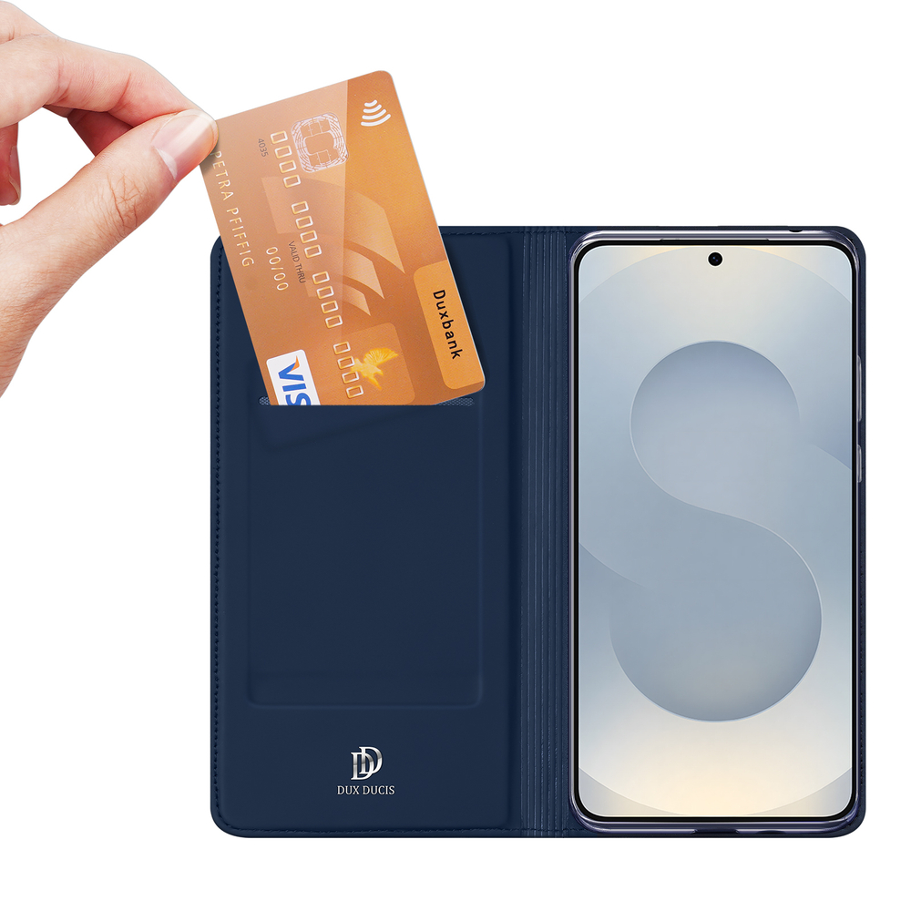 Чехол книжка из PU кожи синего цвета от Dux Ducis для смартфона Samsung Galaxy S25 Edge, серия Skin Pro Series Case
