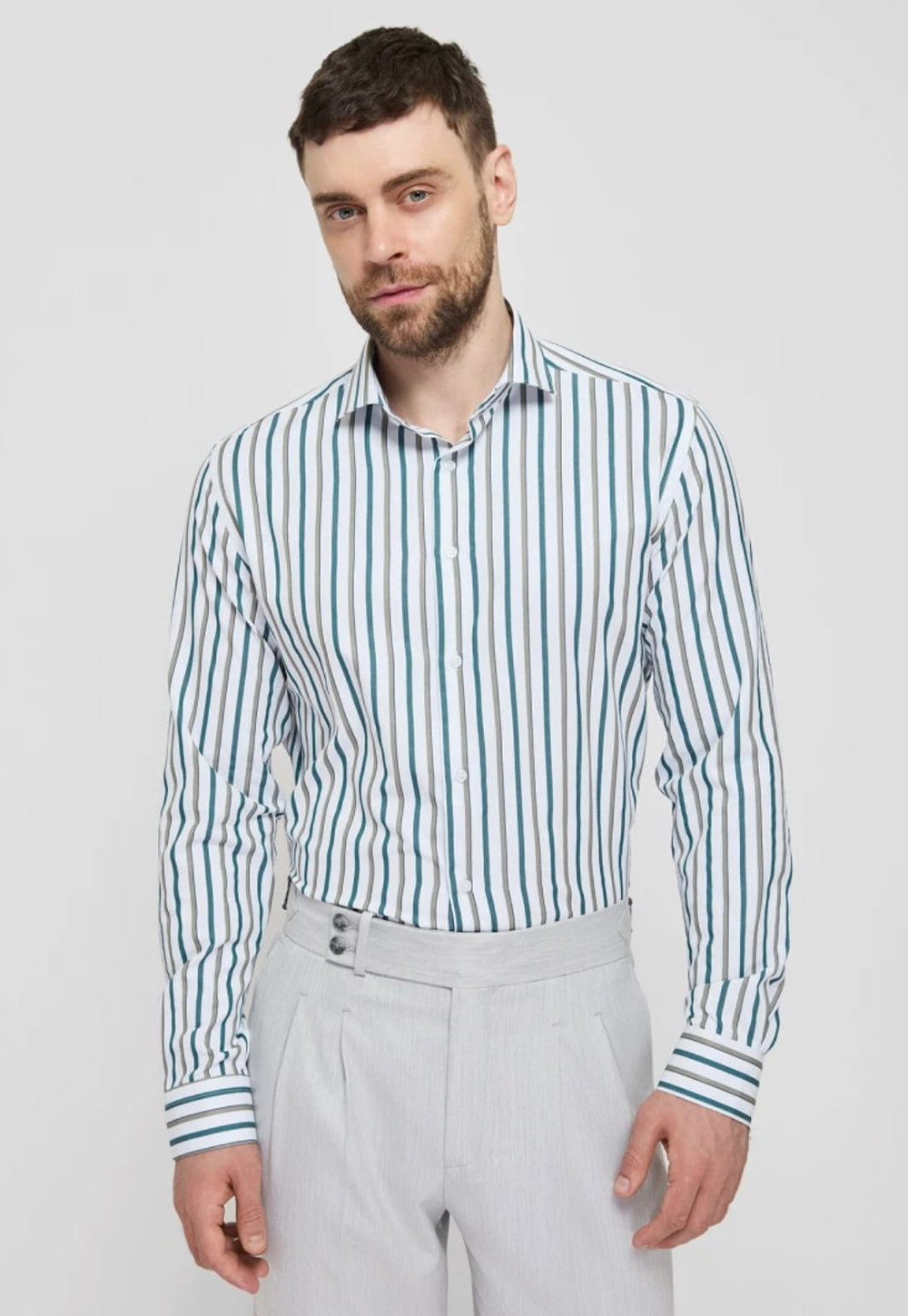 Мужская рубашка (белая с зеленым) Л17