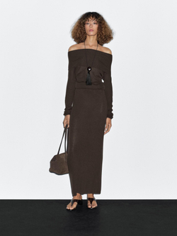 Massimo Dutti Длинная трикотажная юбка в рубчик, коричневый