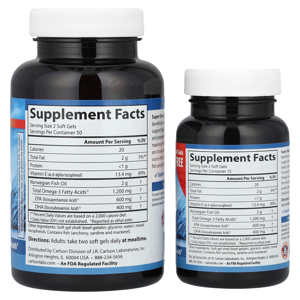 Carlson, Super Omega-3 Gems® дикого улова, 50–15 капсул