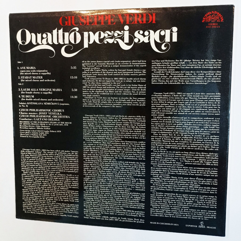 Винтажная виниловая пластинка LP Giuseppe Verdi, Gaetano Delogu Quattro Pezzi Sacri (Чехословакия 1980)