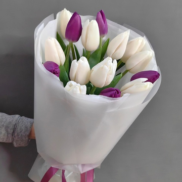 Букет из 15 белых и фиолтеовых тюльпанов