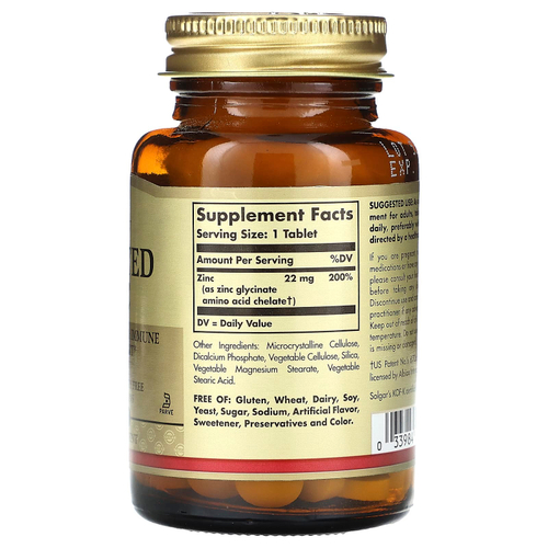 Solgar, хелатный цинк, 100 таблеток (22 мг в 1 таблетке)