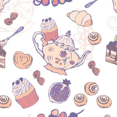 Чаепитие. Чайный сервиз, сладости и фрукты