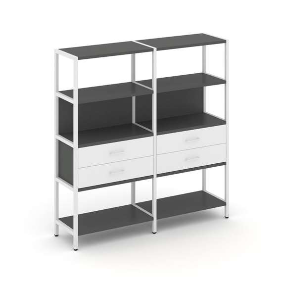 Shelf System Двухсекционный стеллаж четырехярусный с ящиками SN.STM-422 Антрацит/Белый/Металл Белый