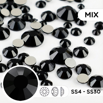 Стеклянные стразы холодной фиксации “Black Jet” — микс размеров SS4–SS30