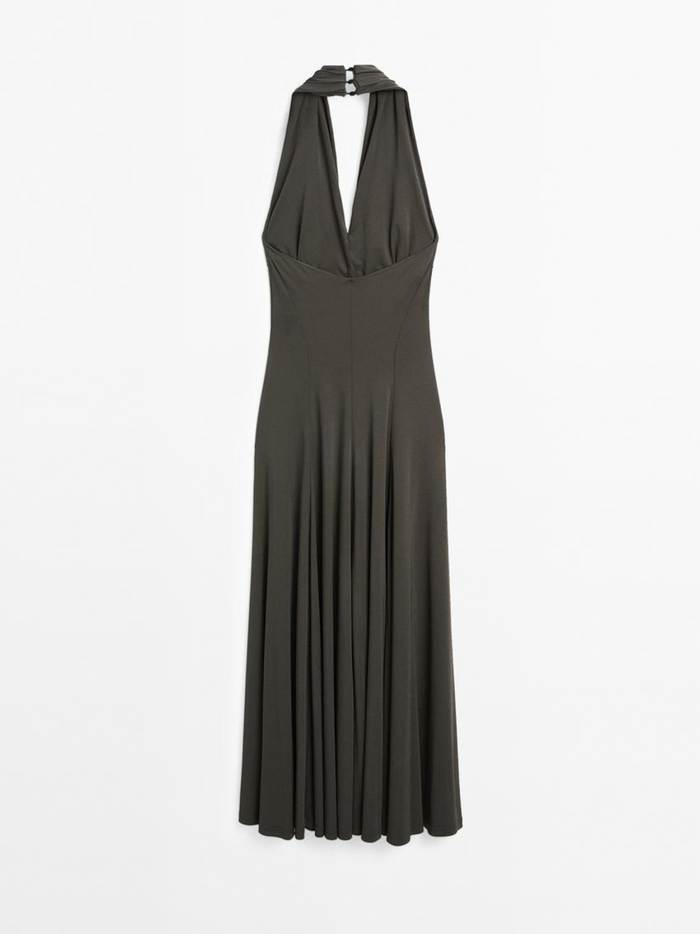 Massimo Dutti Длинное платье с воротником-халтер - Studio, серый