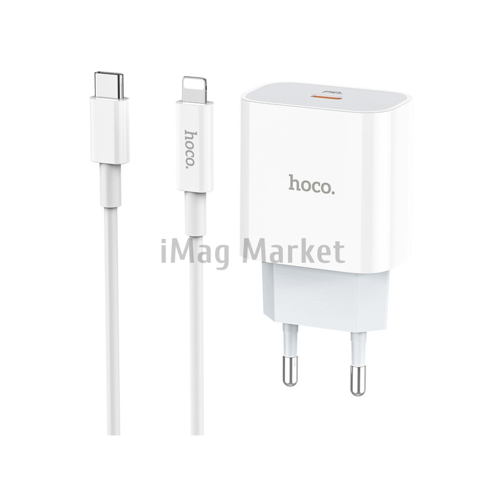 Сетевое зарядное устройство Hoco C76A Plus, 1 USB-C, 20W, 3A + кабель Lightning, 1 м, белый