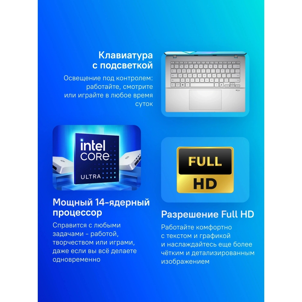 Ноутбук Asus VivoBook S14 S3407CA-LY098 Core Ultra 5 225H 16Gb SSD512Gb Intel Graphics 14" IPS WUXGA без ОС silver (90NB16J1-M00770)