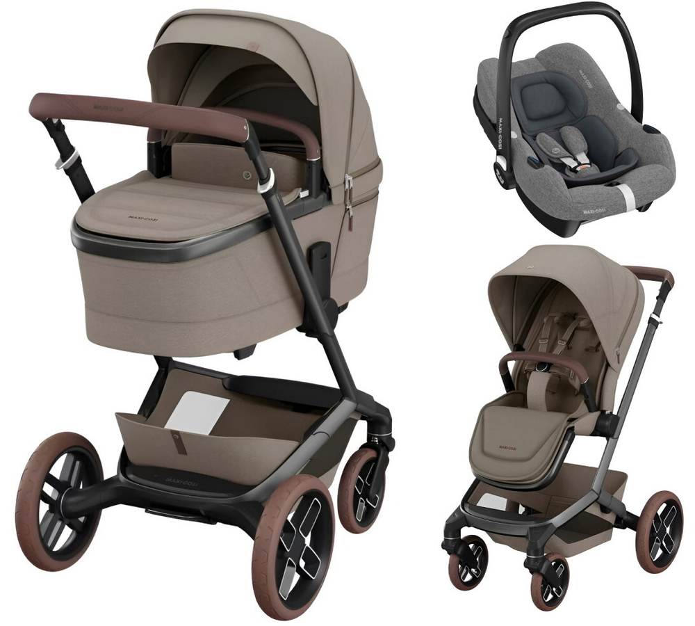 Детская коляска Maxi-Cosi Fame 3 в 1 с автокреслом CabrioFix Select grey Twillic Truffle/Трюфель(беж)