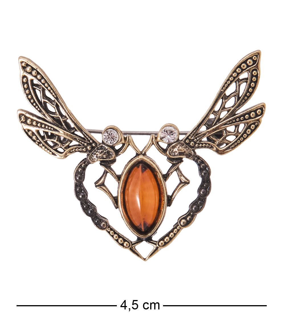AM-4176 Брошь «Стрекозки Сердце» (латунь, янтарь)