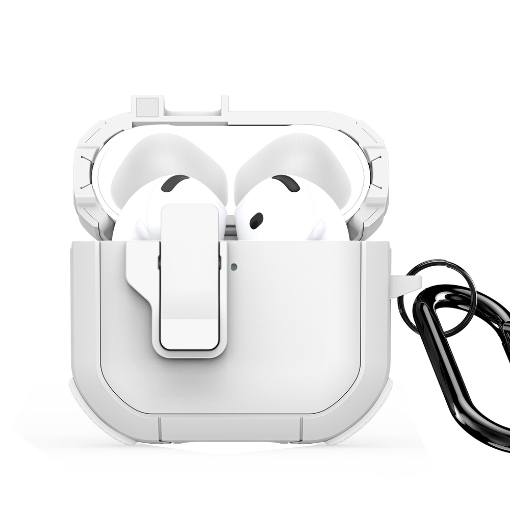 Усиленный чехол белого цвета от Dux Ducis для наушников AirPods 4, серия PECP Series Case, в комплекте с карабином