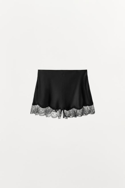 ZARA АТЛАСНЫЕ ШОРТЫ С КРУЖЕВОМ, ЧЕРНЫЙ