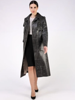 Кожаный тренч длинный с поясом плащ на осень