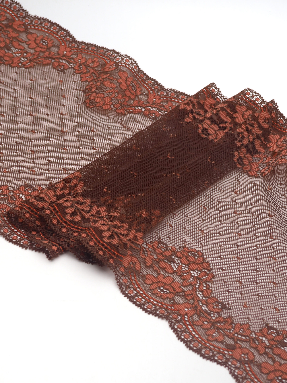 Эластичное кружево коричневое с коралловым ОТРЕЗ 0,7 м
