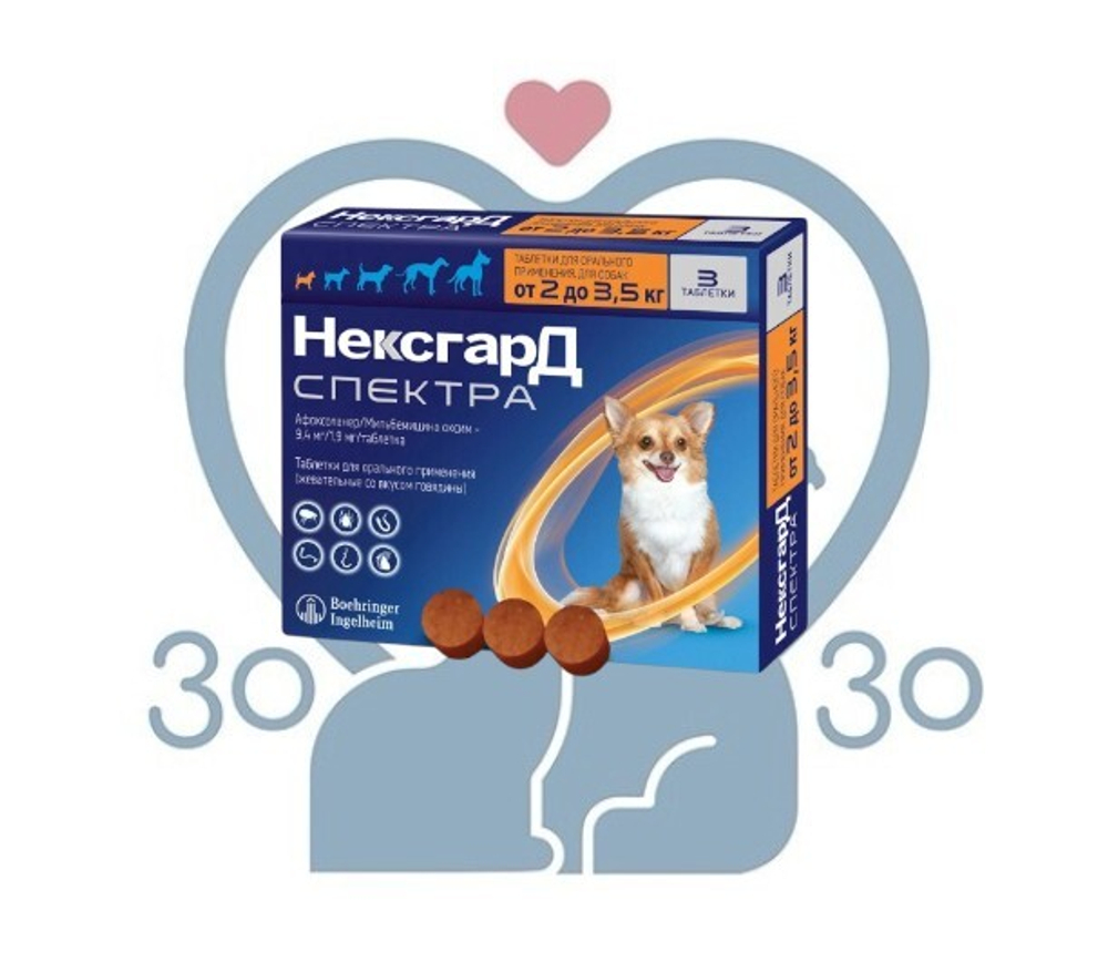 Нексгард Спектра XS (2-3,5 кг) 1 табл.*9,4мг/1,9мг*упак. 3 табл.,