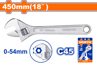 Ключ разводной 450 мм, 0-54 мм (12) WADFOW WAW1118