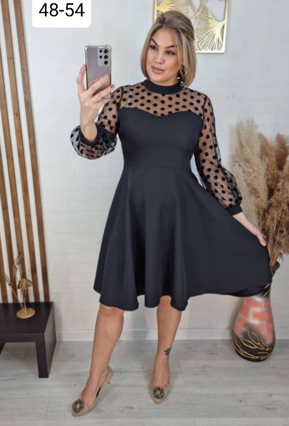 Платье женское горох в горошек по фигуре на работу праздничное повседневное отрезная талия клёш солнце полусолнце осеннее весеннее зимнее офисное чёрное сетка большой размер 48 L XL плотное длинный рукав силуэтное