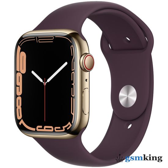 Apple Watch Series 7 GPS + Cellular 45mm Gold Stainless Steel Case with Dark Cherry Sport Band MKJF3LL/A