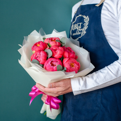 7 пионов корал шарм с эвкалиптом